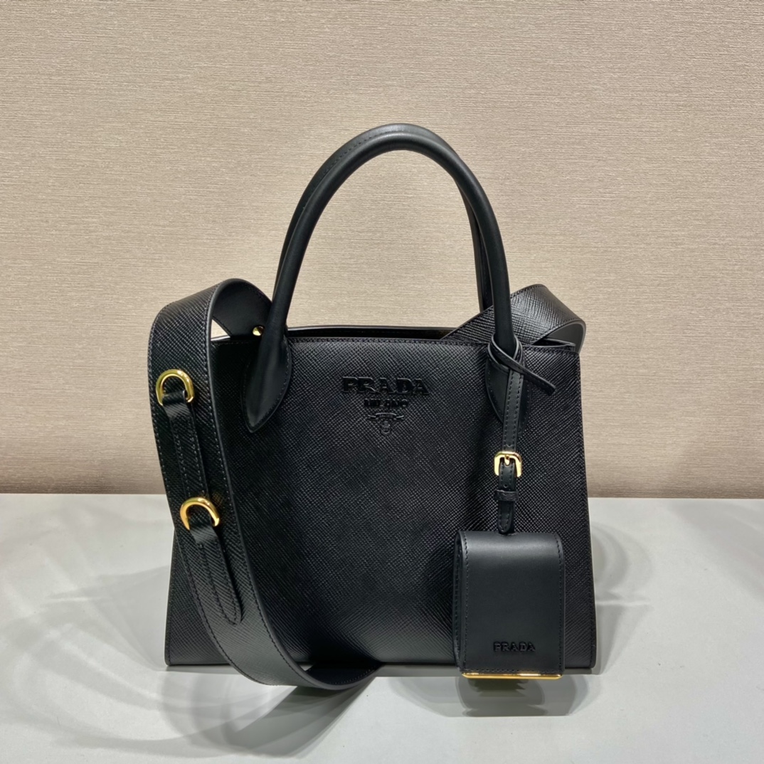 Prada Saffiano Leather Handbag Bag Tote Black 1BA156